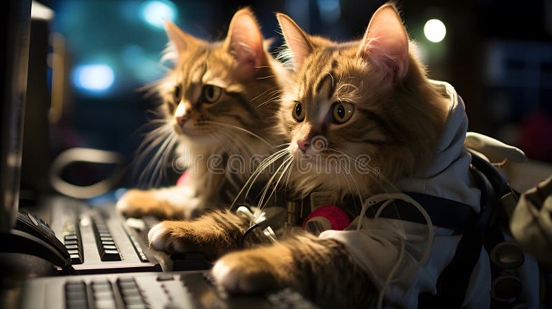AI-Generated: Cute Cat as a Gamer Programmer with Headphones in Nighttime Coding Session vector illustration