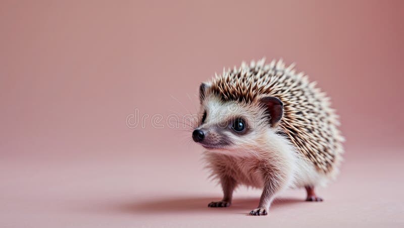 Cute hedgehog exploring a pink background creates a charming visual delight in a playful atmosphere. stock photos