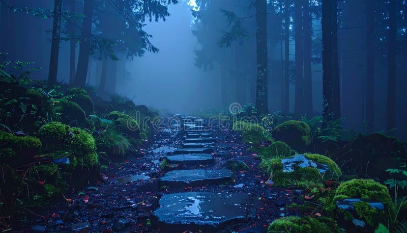 Ai-Generated Dark Misty Forest Path with Moss and Stones royalty free illustration