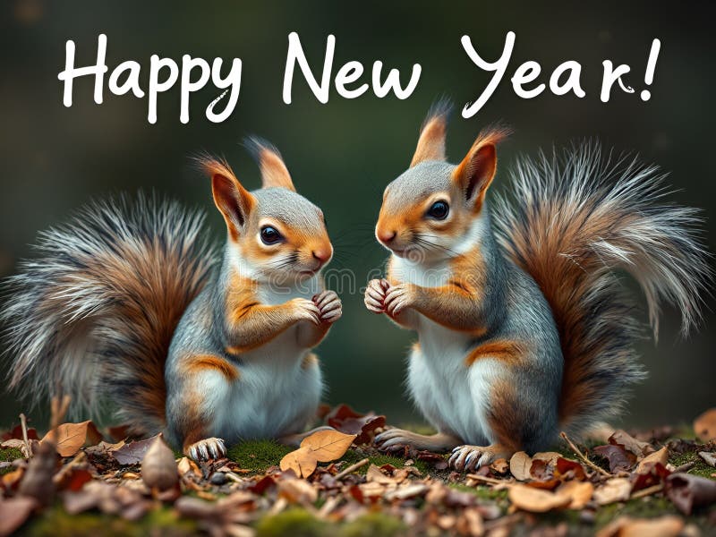Digital image of two brown squirrels wishing a happy new year 2025 royalty free stock images.