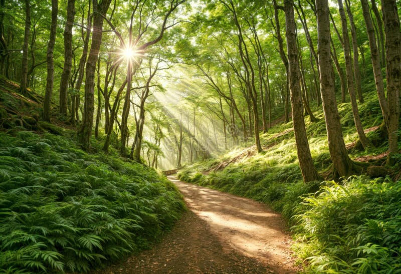 A dirt path through a green forest with sunbeams shining down vector illustration