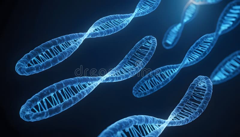 This image showcases several DNA double helix structures, generated by AI. The vibrant blue strands are rendered in 3D, creating a visually stunning representation of genetic material. The dark background enhances the contrast, allowing for a clear focus on the complex details of the molecules. Gene sequence stock images, royalty-free photos and pictures
