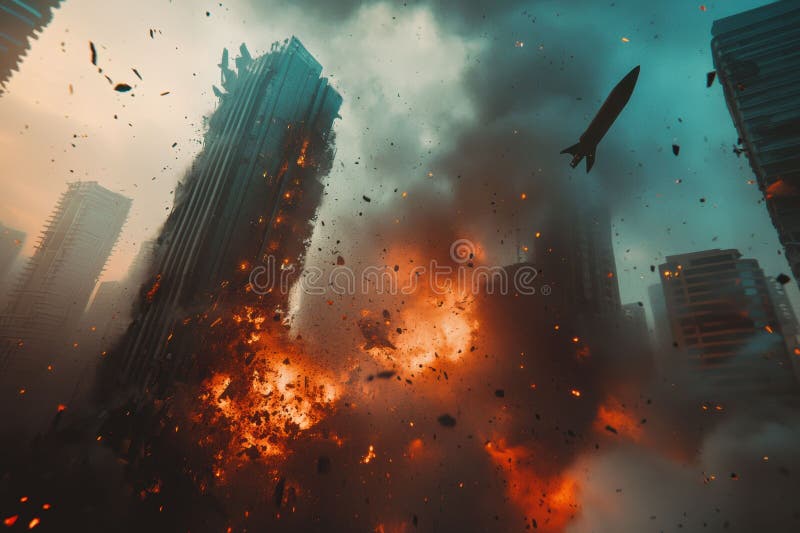 Dramatic Cityscape with a Skyscraper Explosion, Debris Flying, and a ...