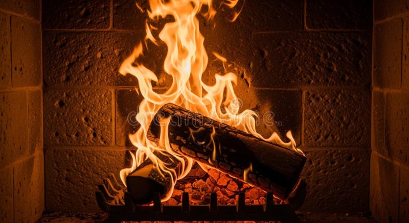 An dramatic close up illustration of a vigorous fire burning in brick fireplace large bright orange and yellow flames royalty-vrije illustratie.
