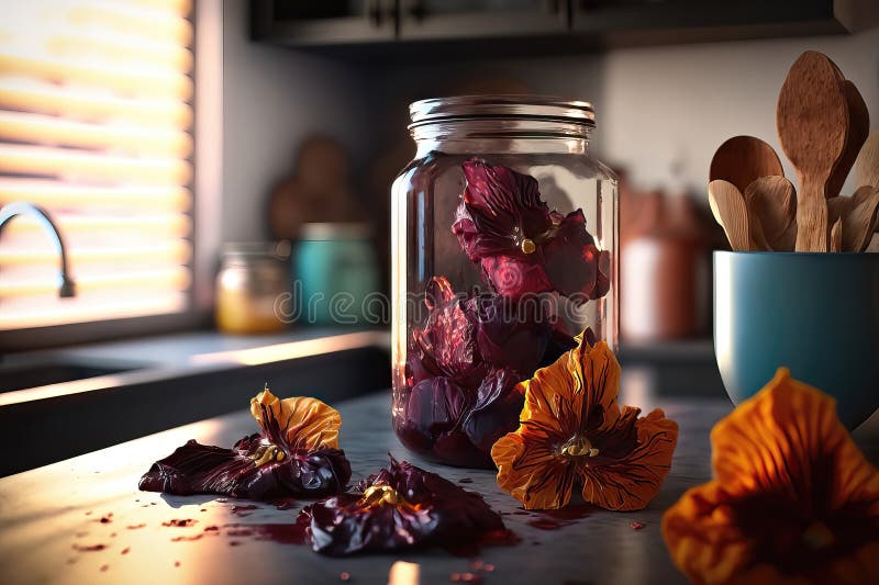 AI Generated Dried Hibiscus Flowers in a Glass Jar Stock Illustration