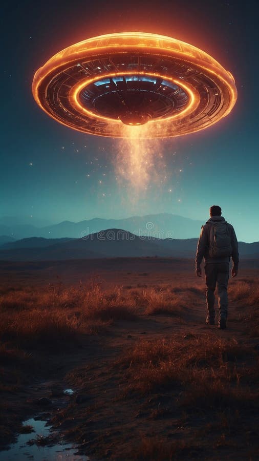 Dystopian vision of the future with fires burning in the night next to a rundown nature with an alien spaceship about to royalty free illustration