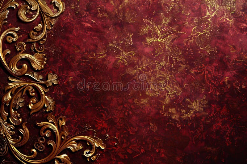 AI-generated elegant red and gold floral background with intricate baroque patterns, perfect for luxury design projects.