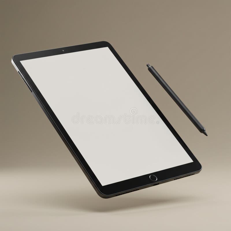 AI-generated floating tablet and stylus isolated on beige background stock illustration