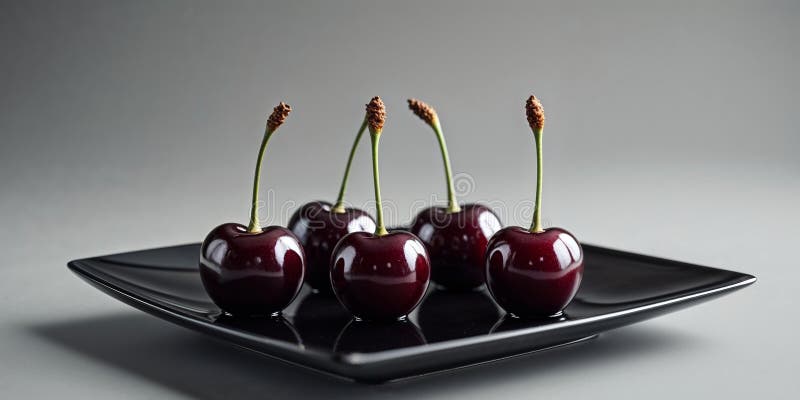 Four Dark Red Cherries on a Black Square Plate. royalty free stock photos