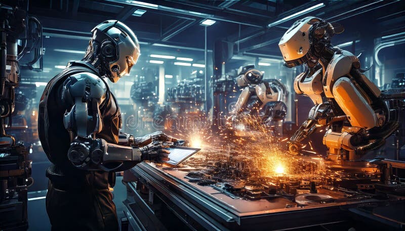 AI-generated futuristic robots working in an advanced factory with sparks flying from machinery. vector illustration