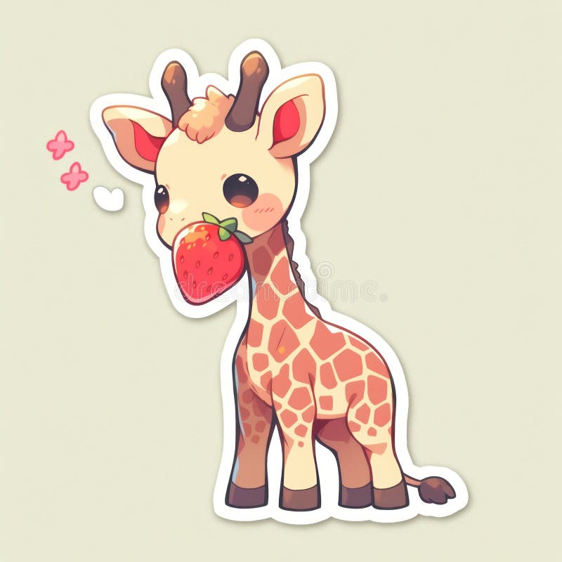 Giraffe Eat Strawberry Chibi Cartoon Style Isolated Plain Background by ...