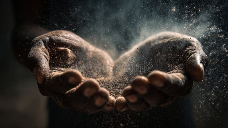Hands in macro composition with falling sand cloud, exploring human connection with natural elements royalty free illustration.