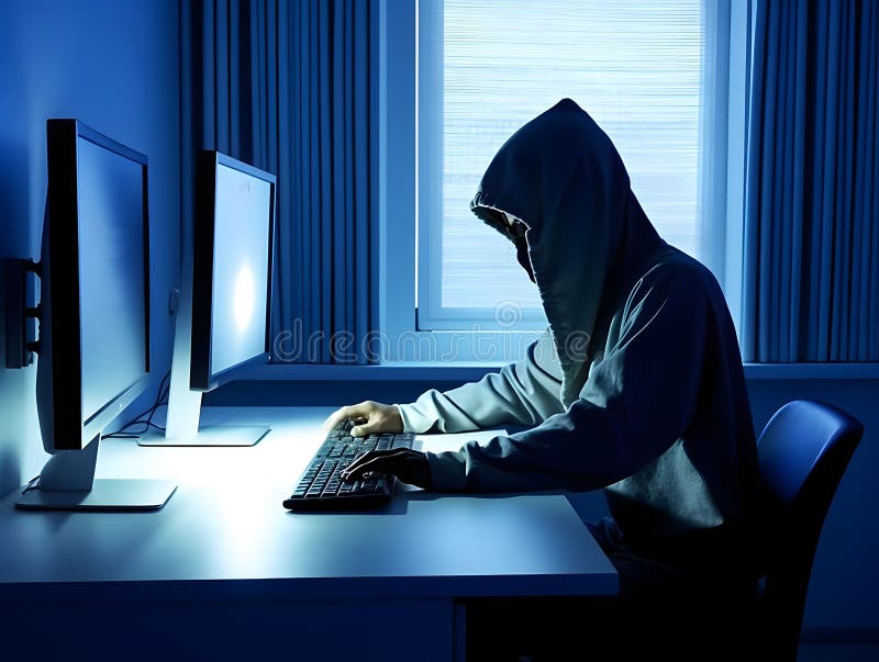 Hackerul cu glugă generat de Ai se sparge în serverul de date stock illustration