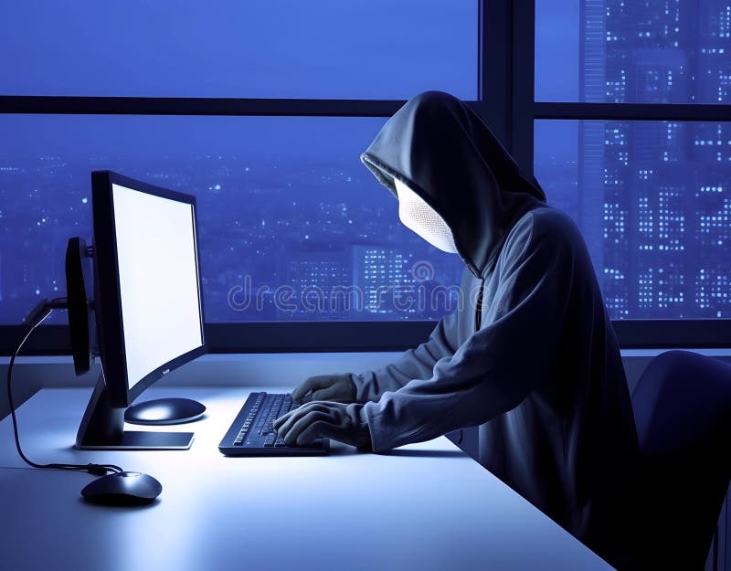 Hackerul cu glugă generat de Ai se sparge în serverul de date stock illustration