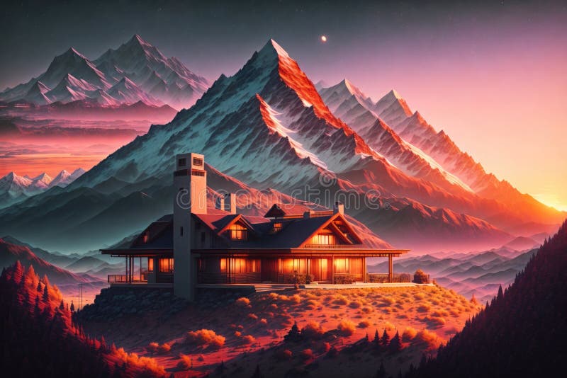 A House in the Mountains with a Sunset in the Background by AI Generated Stock Illustration