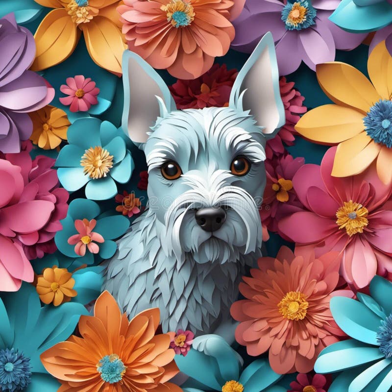 AI generated illustration of an adorable dog surrounded by lush flowers