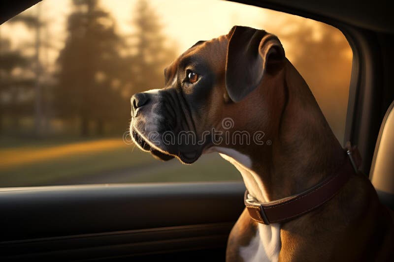 An AI generated illustration of an affable boxer dog  in the passenger seat of a car, looking out of the window with a contented expression