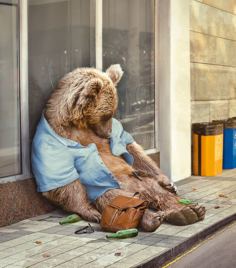 An AI generated illustration of an alcoholic brown bear in a blue shirt sleeping on the sidewalk with bottles nearby. An AI generated illustration of an alcoholic brown bear in a blue shirt sleeping on the sidewalk with bottles nearby