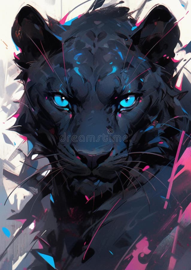 AI Generated Illustration of a Black Panther with Glowing Blue Eyes