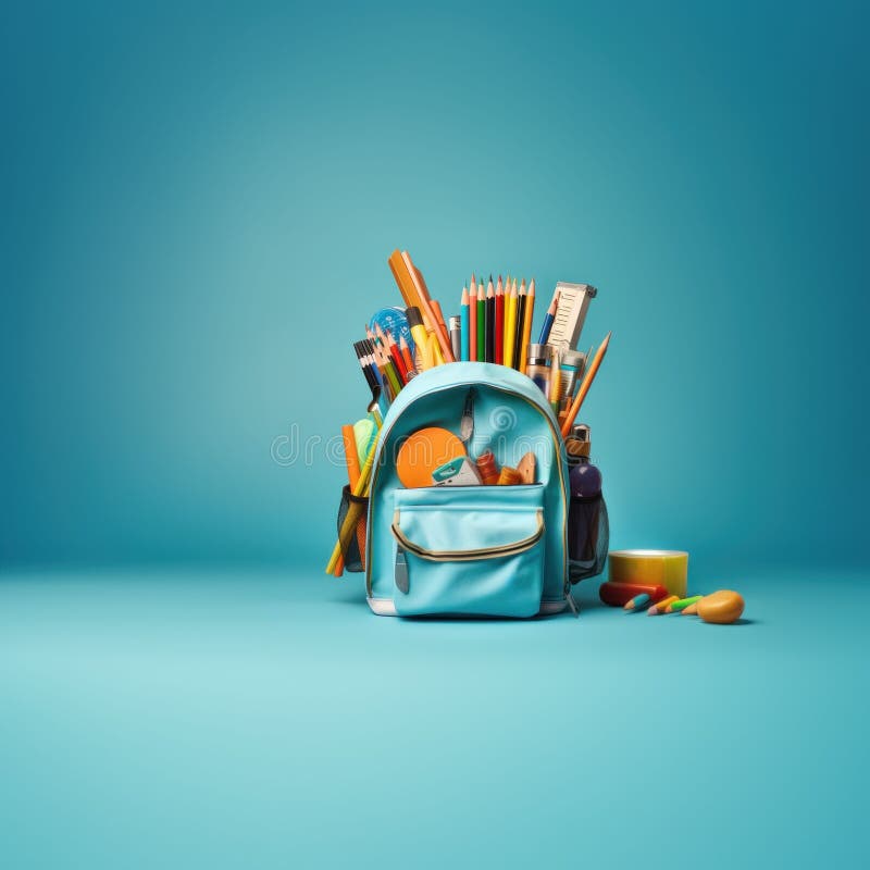 AI Generated Illustration of a Blue Backpack Filled with School