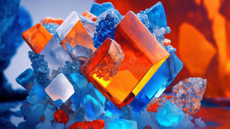 AI Generated Illustration of Blue and Orange Vibrant Crystals Stock