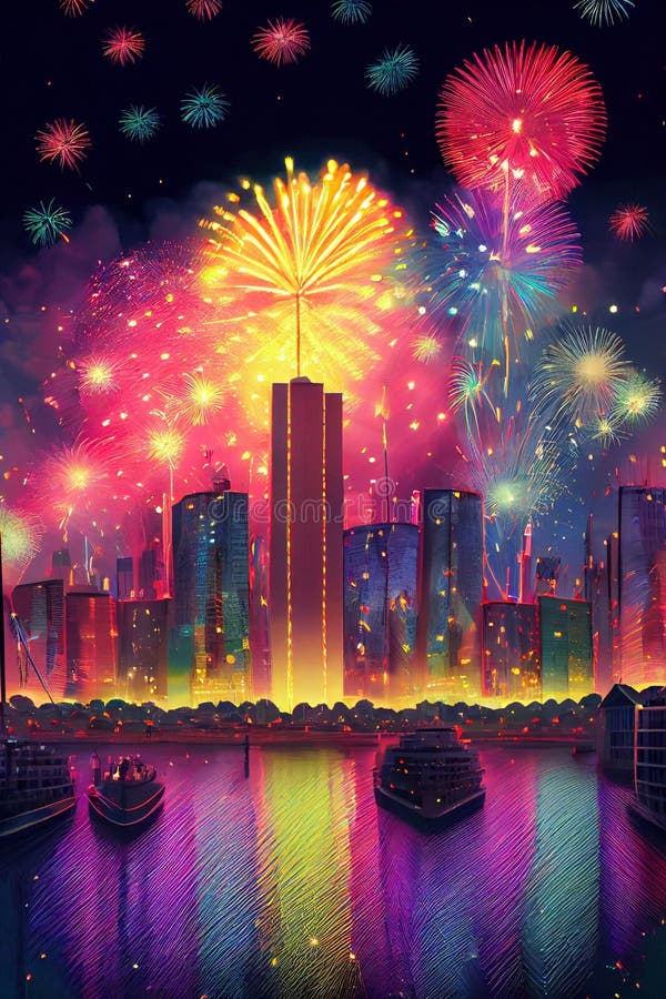 An AI-generated illustration of bright colorful fireworks above the cityscape and lake in New Year