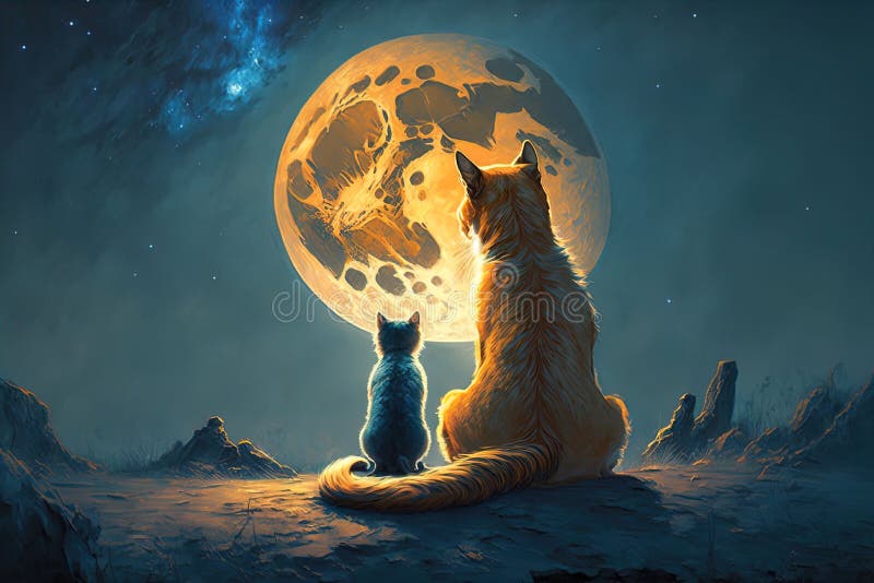 Ai generated illustration of cats looking at the moon stock