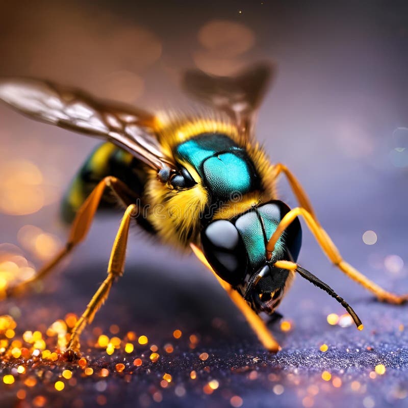Illustration of a close-up of a hornet with shiny yellow spots on a blue fabric royalty free illustration.