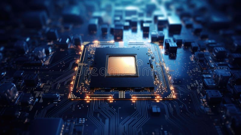 Illustration of a closeup of an electronic processor surrounded by a circuit board stock illustration.