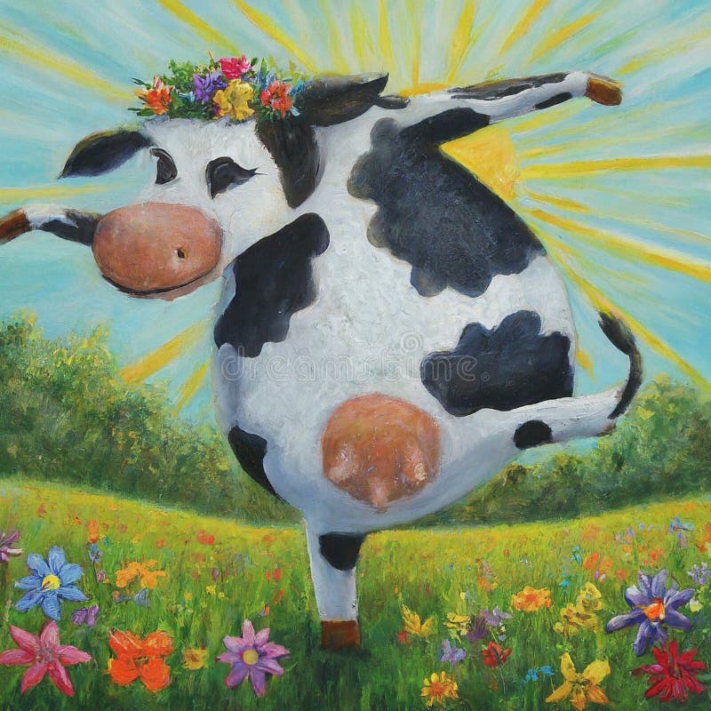 Ai generat ilustrarea unei vaci dansând în mijlocul unei pajiști verzi stock illustration