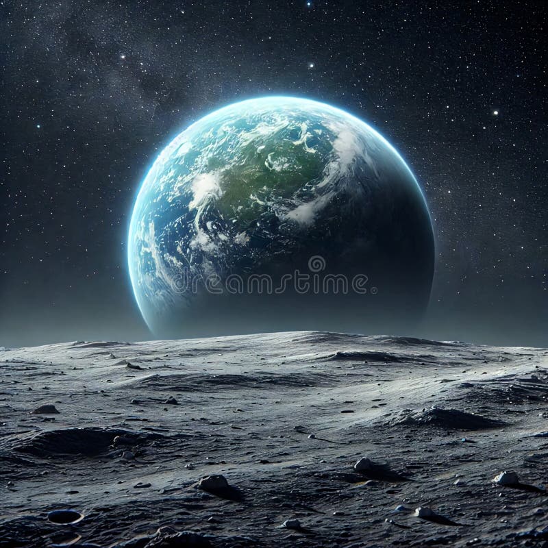 Illustration Earth viewed from the cratered, barren surface of the Moon royalty free stock image.