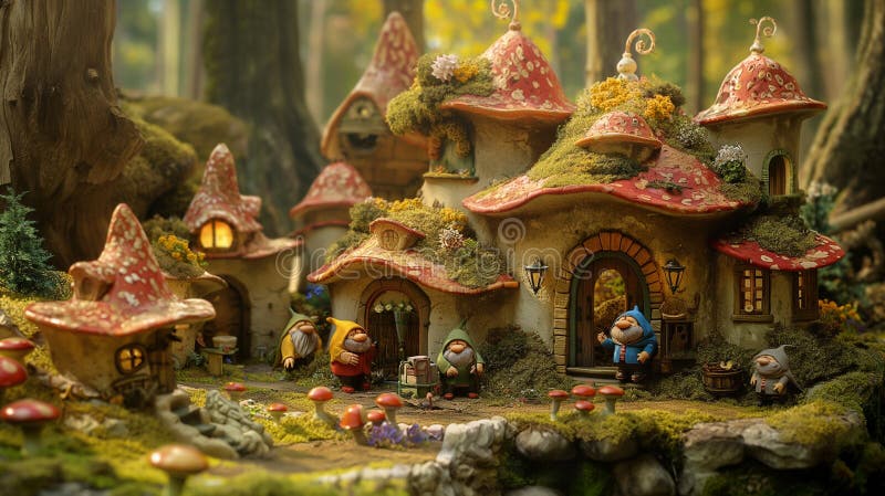 Illustration of enchanting fairy houses nestled in a gnome village royalty free stock photography.