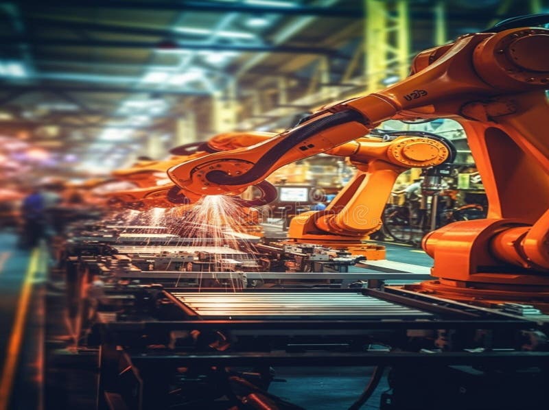 Illustration of a factory with robotic workers welding metal components stock illustration.