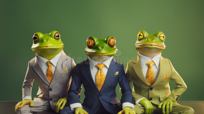 Illustration of frogs wearing suits against a green background vector illustration.