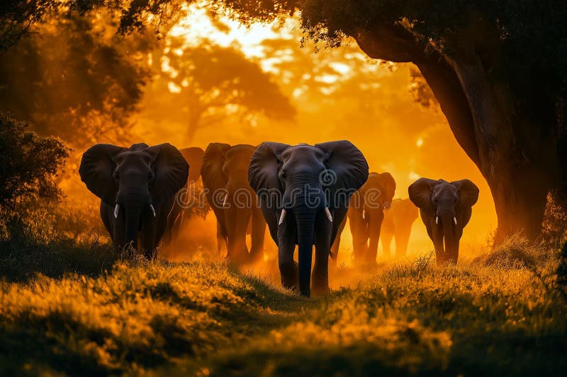 AI-generated illustration of a herd of elephants walking through a sunlit forest path stock illustration