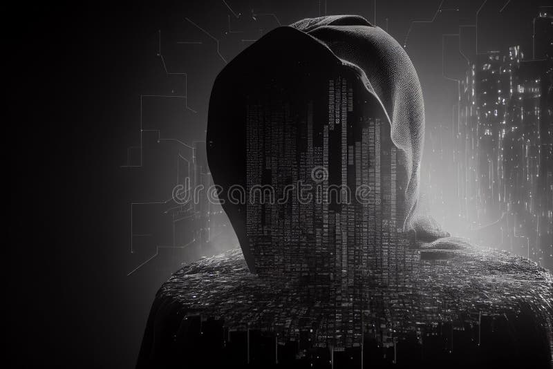 Ilustrarea unui hacker cu glugă care administrează informații pe internet royalty free illustration
