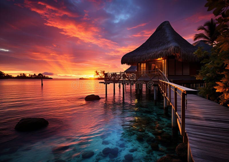 Illustration of An idyllic sunset in a tropical resort setting in French Polynesia royalty free illustration.