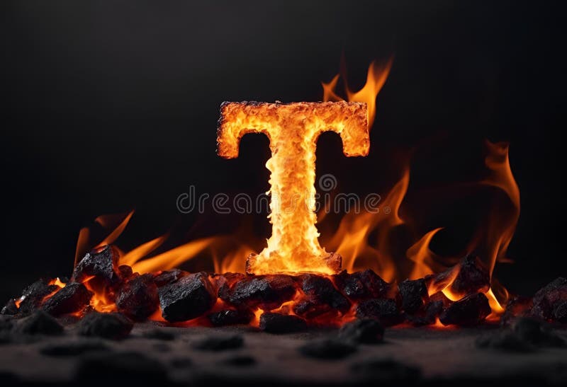 An AI generated illustration of an illuminated letter T against a backdrop of smoke and fire