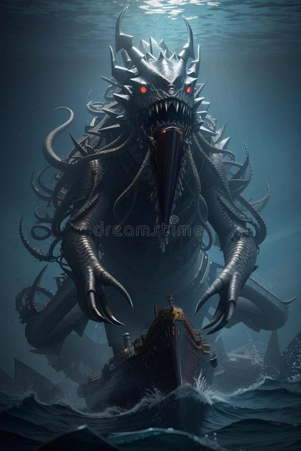 The Giant Squid Monster in the Ocean is Surrounded by Other Creatures
