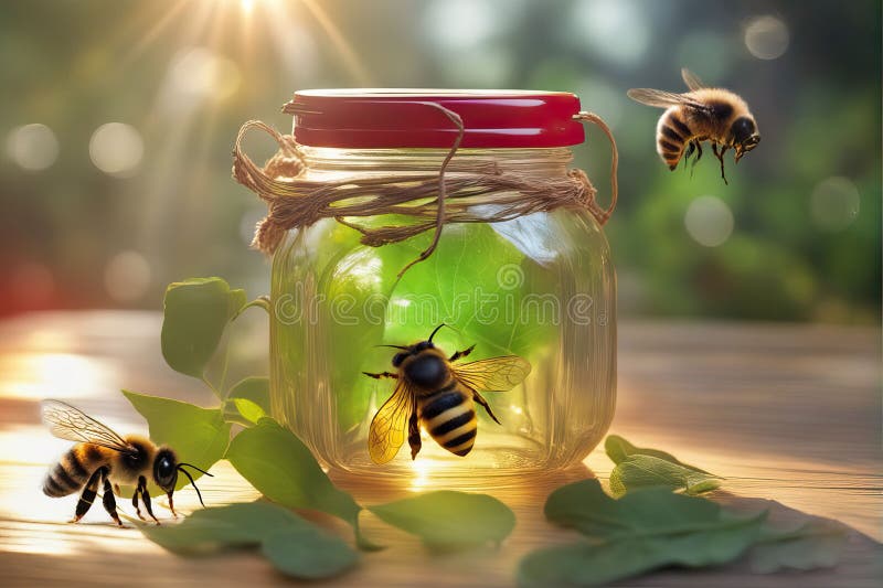 An AI generated illustration of A jar next to buzzing honeybees illuminated by warm sunlight