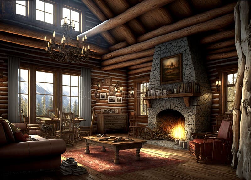 Premium AI Image  This log cabin living room is the epitome of cozy  relaxation with its woodsy decor warm fireplace Generated by AI