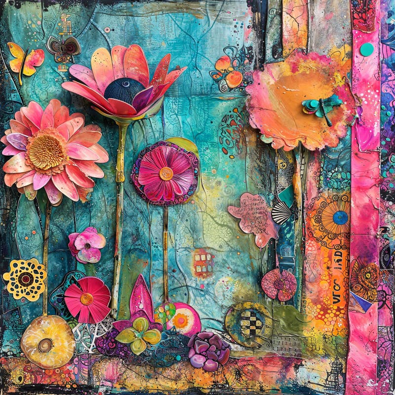 A Painting Made of Different Pieces of Art with Flowers in it Stock