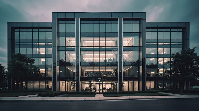 AI-generated illustration of a modern glass building illuminated in the evening. vector illustration