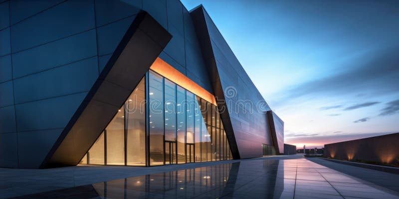 Illustration of a modern glass building illuminated at night stock illustration.