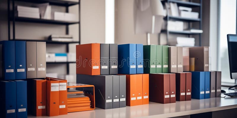 Illustration of a modern office desk with multiple documents vector illustration.