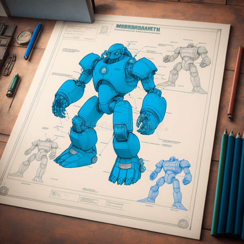 AI-generated illustration of a modern robot sketched on a paper stock illustration