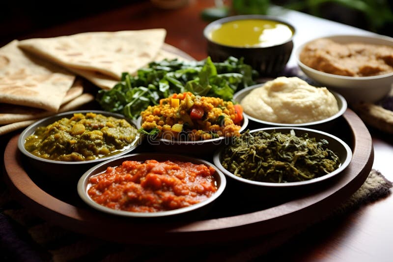 Many bowls with different dishes on them and some food around vector illustration