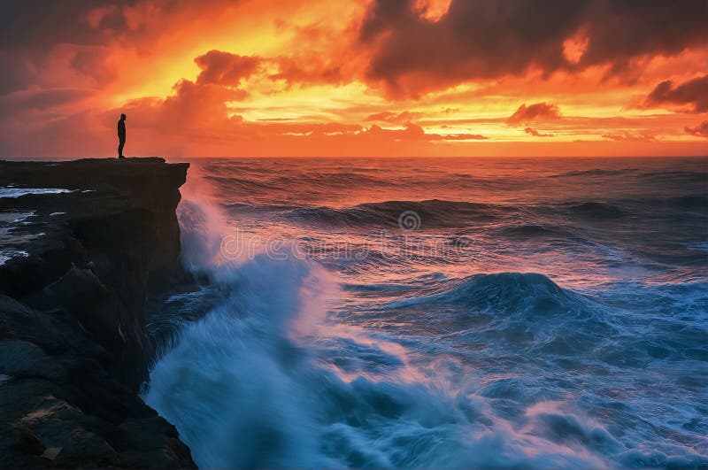 AI-generated illustration of a person standing atop a cliff looking at crashing waves at sunset