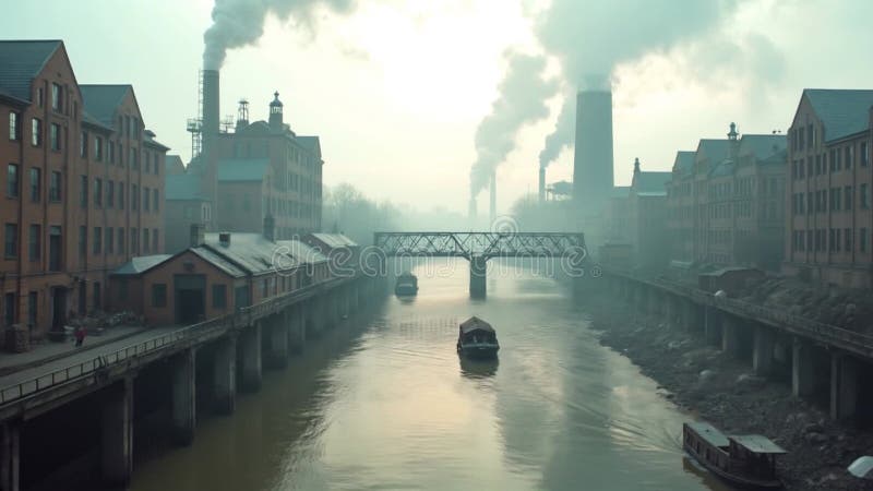 Ai-generated illustration of a polluted river flowing through an industrial revolution cityscape vector illustration