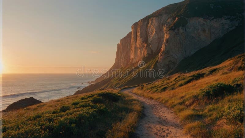 Illustration of a scenic mountain path at sunset with a view of a cliff royalty free stock photo.